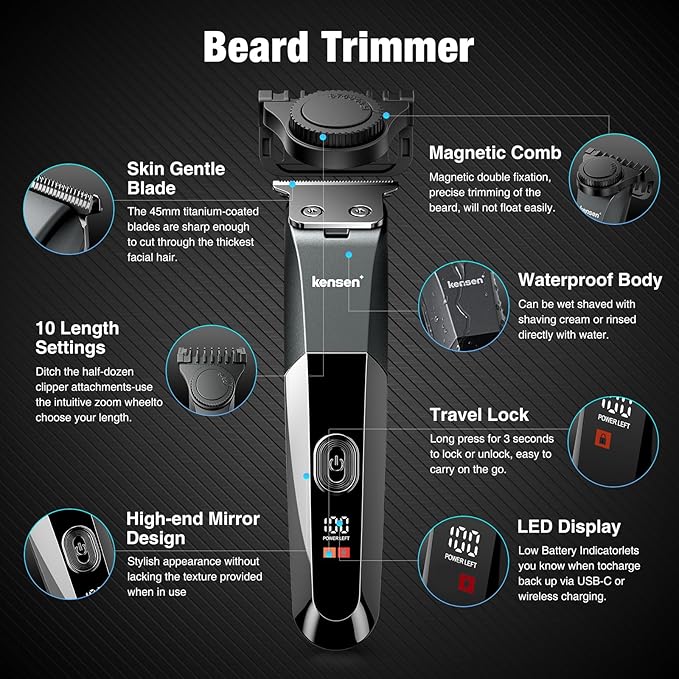 kensen Beard Trimmer for Men - 9 Adjustable Length Settings Hair Clippers, Precision Body Hair Trimmer for Men Ceramic Blades IPX6 LED Display for Facial Hair Trimming Mustache Trimmers Gray
