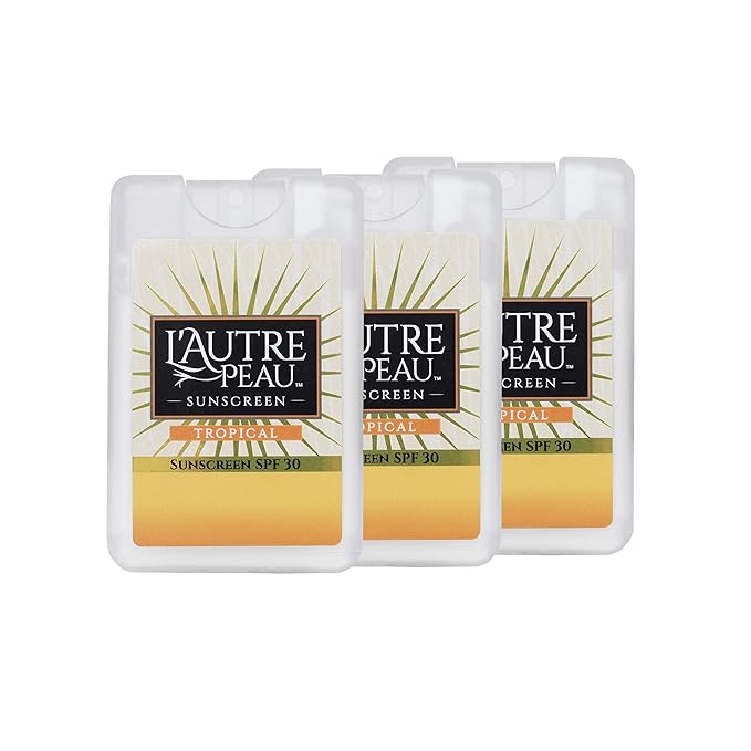 SPF 30 Sunscreen Multi-Pack by L'AUTRE PEAU | Travel Size Sunscreen for Men, Women, and Kids | Non-Greasy Water Resistant | Tropical Scent | TSA Approved | (3 Pack Sunscreen Credit Card Spray)