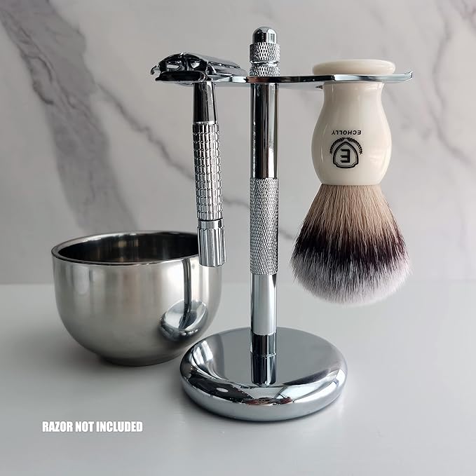 3 in1 Premium Shaving Brush Kit for Men Includes Vegan Badger Synthetic Hair Shaving Brush,Stainless Steel Shaving Soap Bowl,Heavy Safety Stand for Mens Gift (Ivory White)