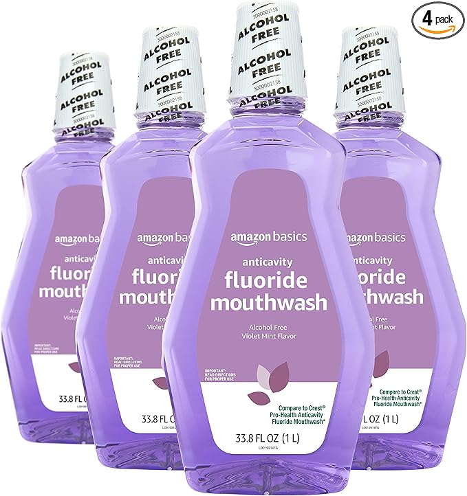 Amazon Basics Anticavity Fluoride Mouthwash, Alcohol Free, Violet Mint, 1 Liter, 33.8 Fluid Ounces, 4-Pack (Previously Solimo)