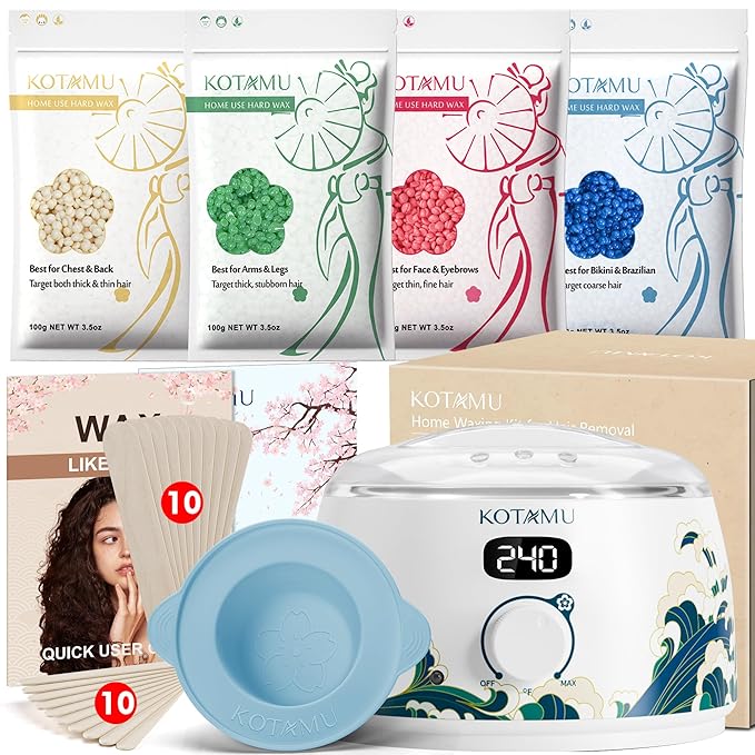 KOTAMU Waxing Kit for Women & Men, Wax Warmer for Hair Removal, Digital Wax Kit with Silicone Pot，Ideal for Face Eyebrow Arm Legs Armpit &Sensitive Skin, Wavi Waxing Machine for Home Salon Use
