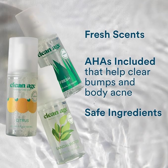 Aluminum Free Deodorant & Body Spray for Whole Body - 3 Pack 4oz ea - Everyday Essentials (Citrus, Fresh and Sandalwood) - Clean Deodorant and Body Spray for Teen Boys and Girls