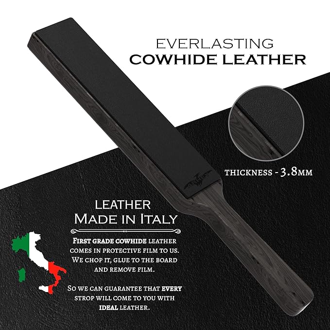 Leather Strop for Knife Sharpening Made from Premium Italian Leather, 14" Knife Strop with Storage Bag and 2 Polishing Compound for Various Knives, Razors, Axes, Chisels and Knives, Black
