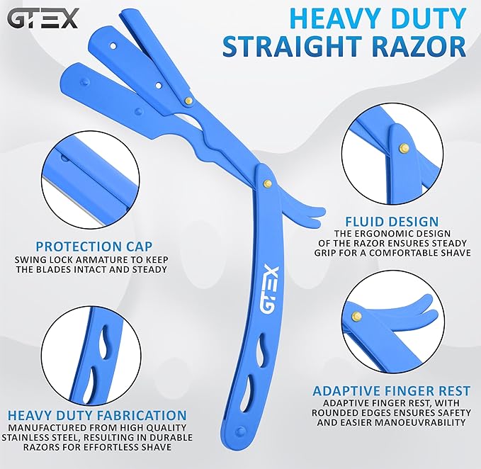 2 Straight Razor For Men (Blue Black), 100 GTEX Premium Blades (Japanese Steel) - 2Pack Straight Edge Razor 100 Platinum Razor Blade - Navajas Para Barbero - Barber Razor For Men, Beard Razor