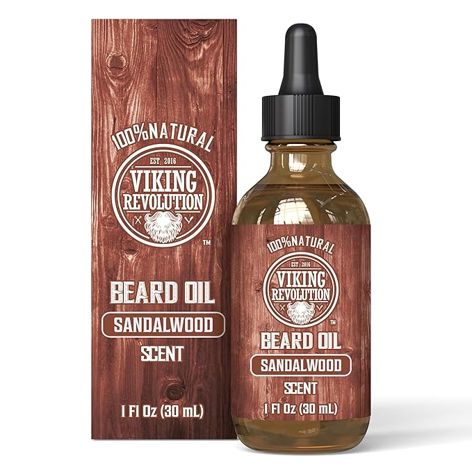 Viking Revolution Beard Oil for Men - Natural Mens Beard Oil with Argan Oil and Jojoba Oil - Beard Softener, Strengthens and Moisturizes - Beard Conditioner for Men (Sandalwood, 1 Pack)