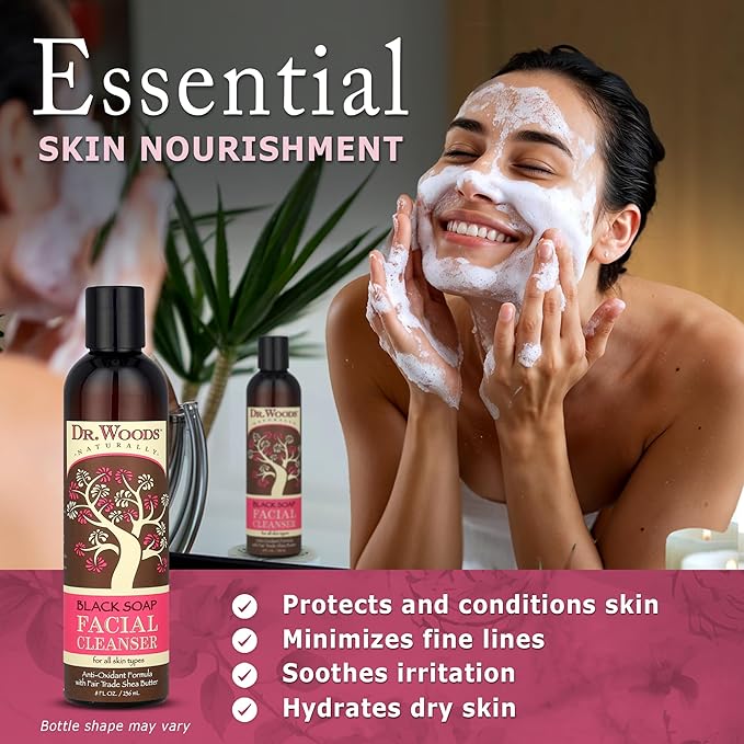 Dr. Woods Black Soap Facial Cleanser - Made with Organic Shea Butter, Gentle Liquid Face Wash for Men and Women, Natural Cleansing for Daily Use and All Skin Types - 8 Fl Oz (Pack of 2)