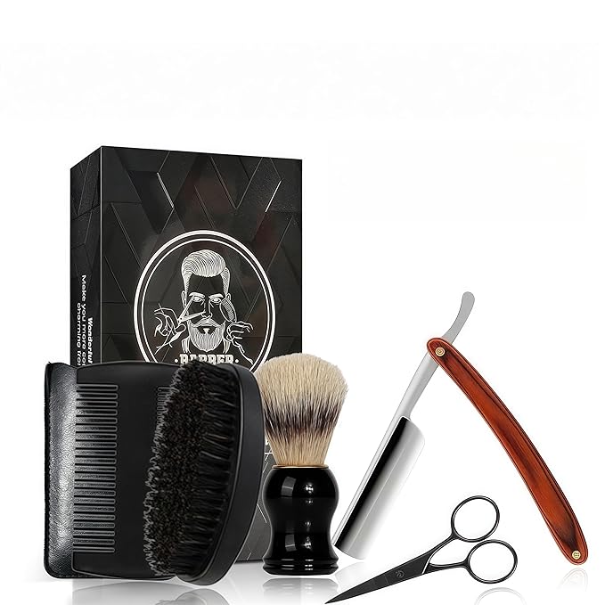 Straight Edge Razor Shaving Kit, Including Steel Shaver & Shaving Brush & Wooden Beard Comb & Brush, Beard Grooming Scissors, Idea Gift for Christmas, Birthday, Father for Men - Brown