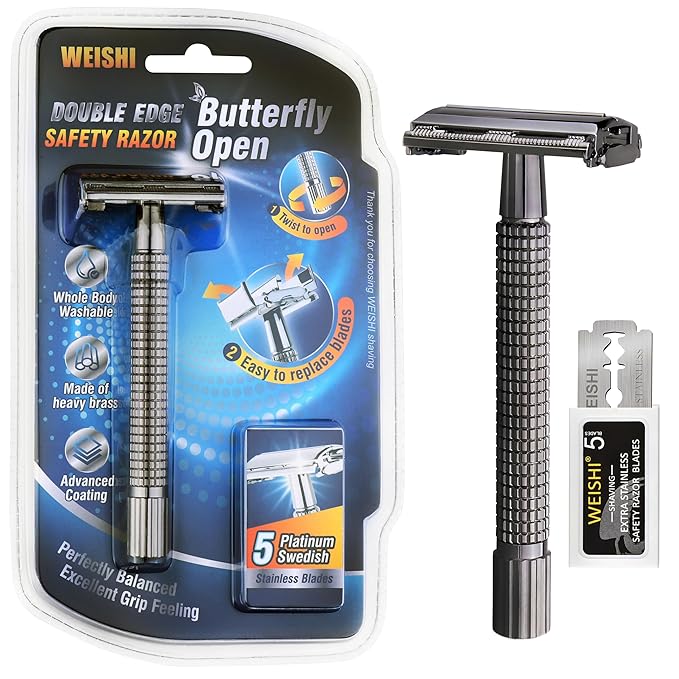 WEISHI Butterfly Open Double Edge Safety Razor for Men, Nostalgic Long Handle with 5 Stainless Razor Blades, Reusable Wet Shave Tool for Smooth, Close Shave
