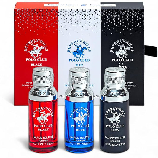 Beverly Hills Polo Club Men's Fragrance Gift Set - 3-Piece Long-Lasting Eau de Toilette Collection - Blaze, Blue, Sexy Scents - Affordable Luxury Cologne for Him