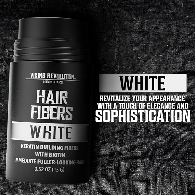 Viking Revolution White Hair Fibers for Thinning Hair Men - Thick Fiber for Bald Spot Cover Up - Hair Building Fibers with Kerating and Biotin - Hair Fiber for Men for Thicker and Fuller Look (0.52oz)