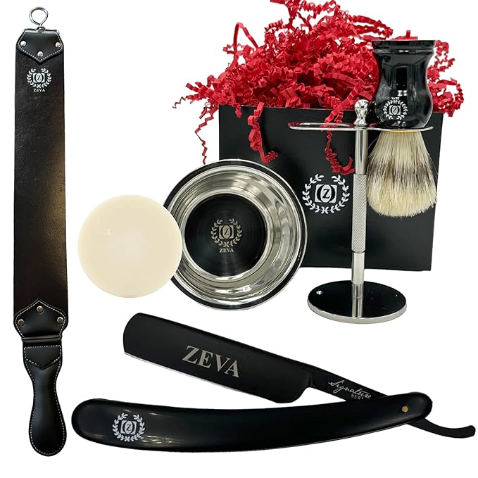 Men Grooming Gift Set Straight Razor Shave Ready Kit with Cow Leather honning Strop Soap Steel Mug Shaving Stand Stainless Steel