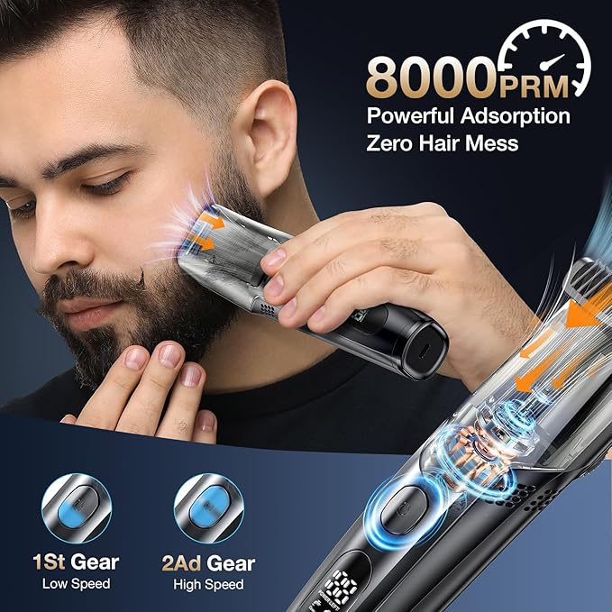 Vacuum Beard Trimmer for Men, New Version Adjustable Precision Trimming Length with 2 Comb, Electric Cordless Vacuum Trimmer for Beard, Waterproof and Rinses Easy, Blades for Skin fit, Black
