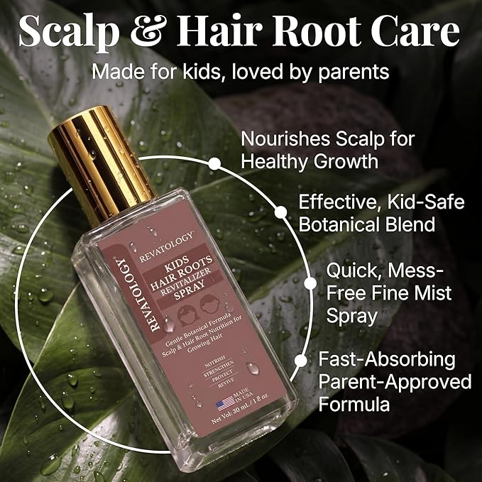 REVATOLOGY Kids Hair Roots Revitalizer Spray Gentle Botanical Scalp & Root Nutrition for Growing Children Helps Maintain Healthy Hair, Lightweight, Non-Greasy, Fast-Absorbing Made in USA – 1 fl oz