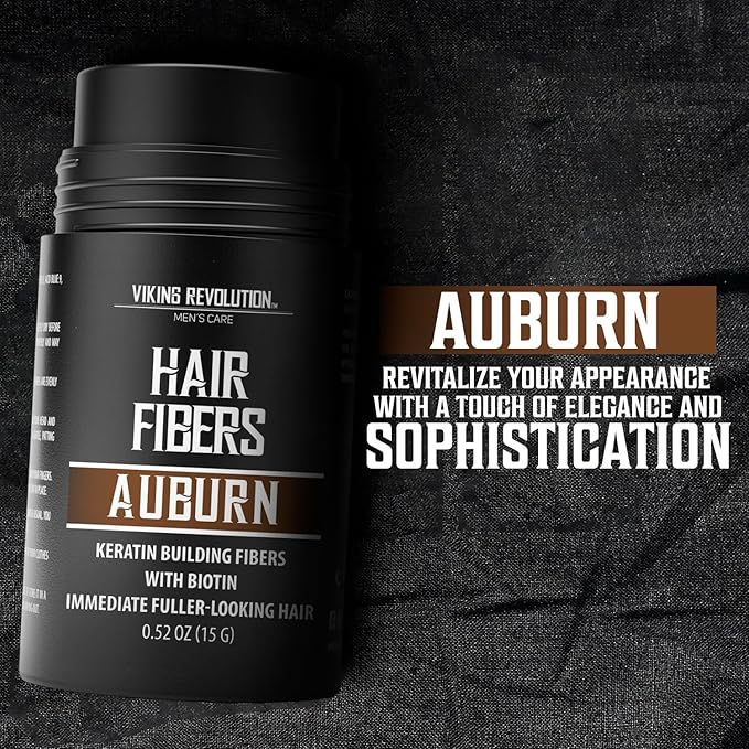 Viking Revolution Auburn Hair Fibers for Thinning Hair Men - Thick Fiber for Bald Spot Cover Up - Hair Building Fibers with Kerating and Biotin - Hair Fiber for Men for Thicker and Fuller Look(0.52oz)