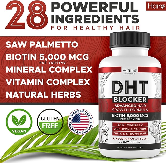 DHT Blocker Hair Growth Supplement - High Potency Biotin & Saw Palmetto for Hair Regrowth - Natural Hair Loss Treatments for Women & Men - Helps Stimulate Hair Follicle Growth