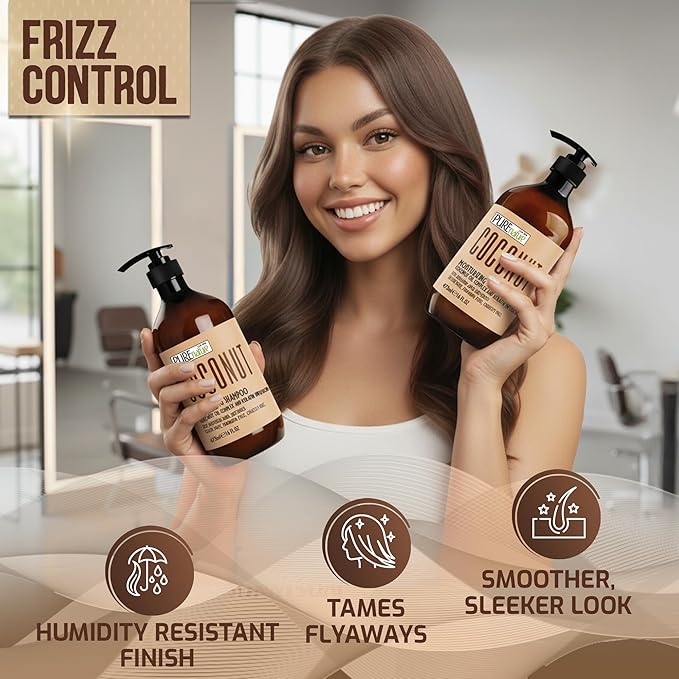 Coconut Shampoo and Conditioner Set - Sulfate Free - Deep Hydrating and Smoothing for Dry, Frizzy, Damaged Hair - Moisturizing, Shiny, Anti Frizz Salon Products for Women and Men - 16 Fl Oz (Set of 2)