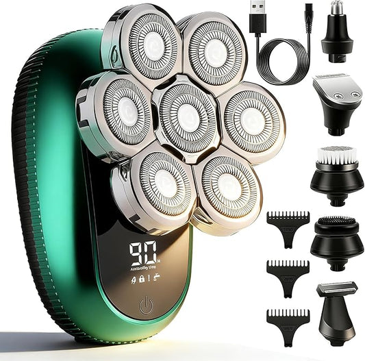 Head Shavers for Bald Men, 6-in-1 Detachable Electric Head Shaver Grooming Kit, 7D Floating Wet & Dry Rotary Shavers, Waterproof, LED Display, Cordless, USB Fast Charging for Hair/Face/Beard