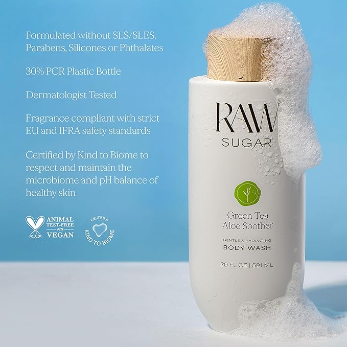 RAW SUGAR Green Tea Aloe Soother Gentle & Hydrating Body Wash, 20 Fl Oz (Pack of 1), Gentle & Soothing Bath & Shower Gel, Sensitive Skin-Friendly, Vegan, Formulated without SLS/SLES & Parabens