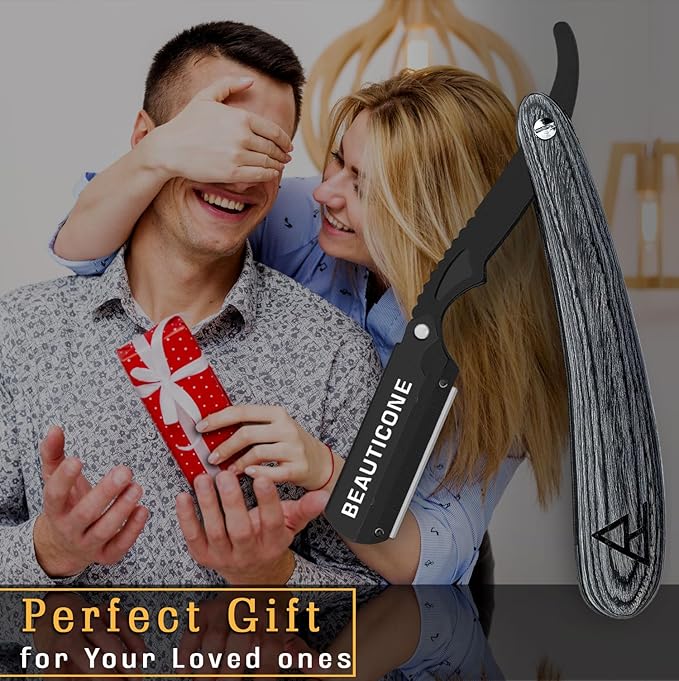 BEAUTICONE Straight Razors for Men, Straight Edge Razor, 100 Single Edge Blades, Stainless Steel, Barber Razor for Men's Shaving, Barber Shaving Knife, Swinglock