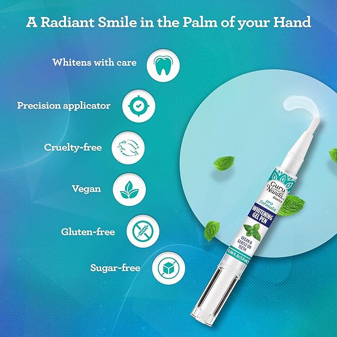 GuruNanda Teeth Whitening Pen,(0.06 fl oz)-20 Uses, Vegan & Gentle on Teeth Pro Formula - Hydrogen Peroxide Whitening Gel Pen, Cruelty-Free, Mint Flavor (Pack of 2)