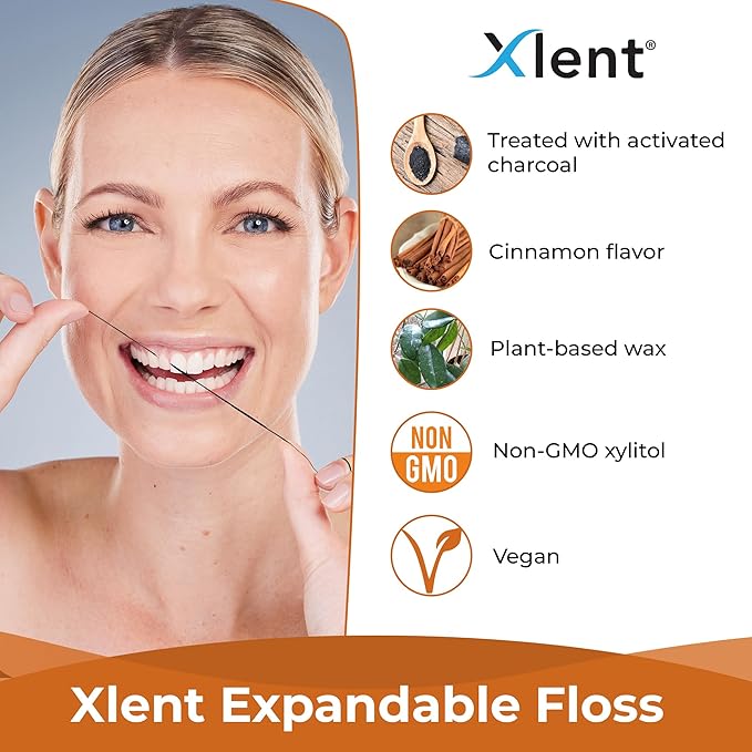 Xlent Expandable Floss Treated Activated Charcoal, Xylitol Natural Plant Based Wax in Cinnamonflavor, Pack of 2 (Blister Card)