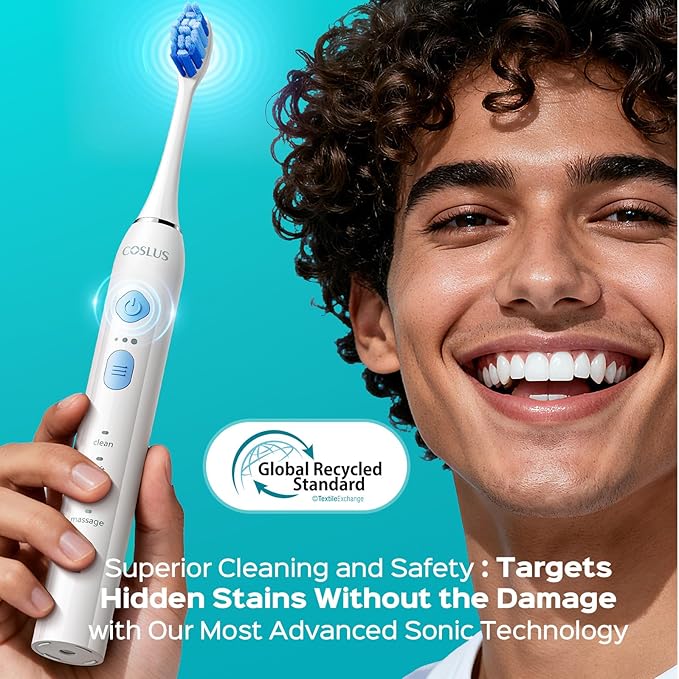 COSLUS C30 Electric Toothbrush for Adults & Kids: 3 Intensities & 5 Modes for Effective Yet Gentle Ultra-Clean Feel, 2 Types of Heads for Gentle & Daily Care, Travel & Family Use, Purple, 1PC
