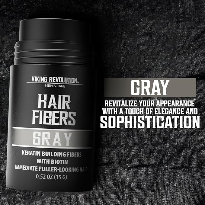 Viking Revolution Gray Hair Fibers for Thinning Hair Men - Thick Fiber for Bald Spot Cover Up - Hair Building Fibers with Kerating and Biotin - Hair Fiber for Men for Thicker and Fuller Look (0.52oz)