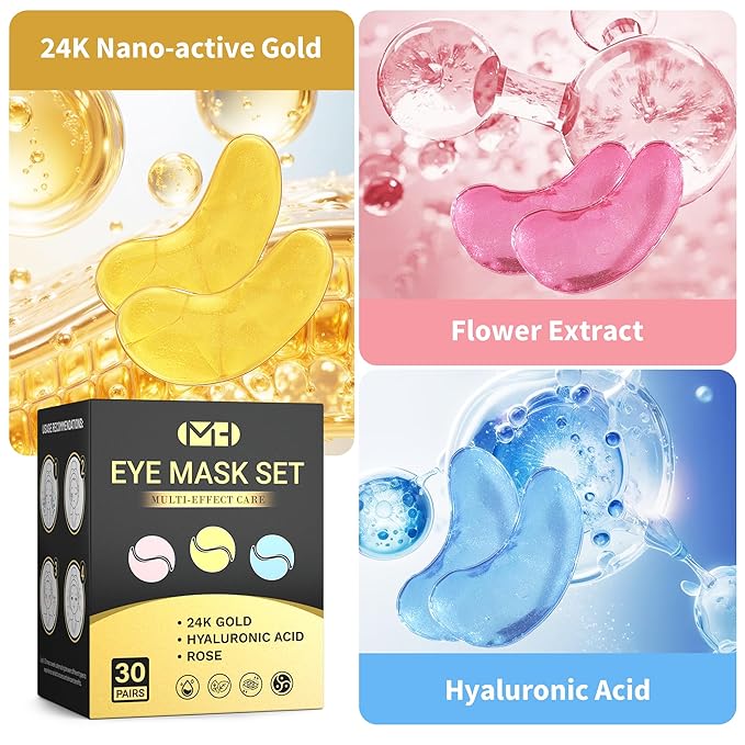 Under Eye Patches(30 Pairs), Eye Mask Patches with 24K Gold, Hyaluronic Acid & Rose, Under Eye Mask for Dark Circles, Puffy Eyes, Under Eye Bags, Wrinkles, Eye Treatment Skin Care for Men & Women Gift