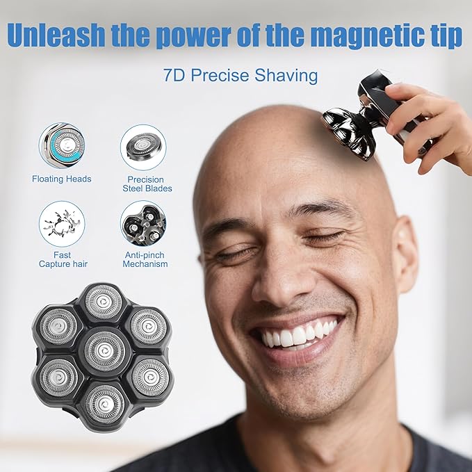 7 Blades Magnetic Head Shaver Replacement Heads Double Ring Waterproof Rotary Razor Blades for Bald Men Compatible with Freebird wyklaus shpavver (Black)