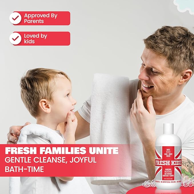 Fresh Kidz Hair & Body Wash for Kids and Teens - Gentle Bath and Shower Cleanser for All Skin Types - Boys Red, 16.9 fl.oz.