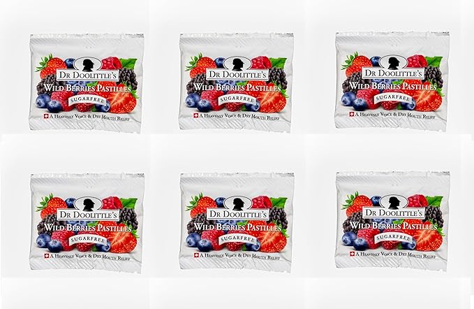 Dr. Doolittle’s Sugar Free Pastilles for Voice and Throat, Wild Berry Flavor, Travel Size Bag,0.33 ounces approximately 4 Count Package, 6 Pack