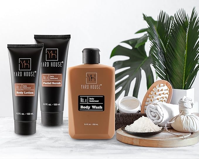 Luxury Mens Bath and Body Gift Set Basket For Him - Smoky Sandalwood - All Natural Skin Care Kit For Men w. Full Size Body Wash, Facial Scrub, Body Lotion, Deodorant in Leather Toiletry Bag