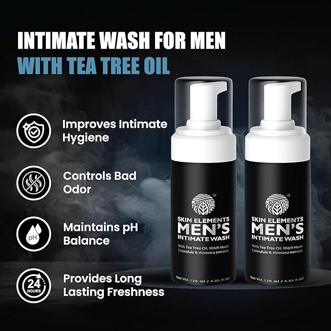 Skin Elements Intimate Wash for Men with Tea Tree Oil | pH Balanced Foaming Hygiene Wash | Control Bad Odor & Unwanted Sweat | Refreshes Intimate Area | 240 ml | Pack of 2