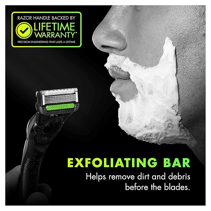 Gillette Labs Men's Razor with Exfoliating Bar, Shaving Kit Includes 1 Handle, 2 Blade Refills, 1 Premium Magnetic Stand, Black and Gold