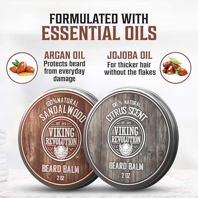 Viking Revolution Citrus and Sandalwood Beard Balm - Butter With Argan Oil, Softener With Jojoba Oil, Moisturizer With Beeswax - Wax for Men With Mango Butter (2oz, 2 Pack)