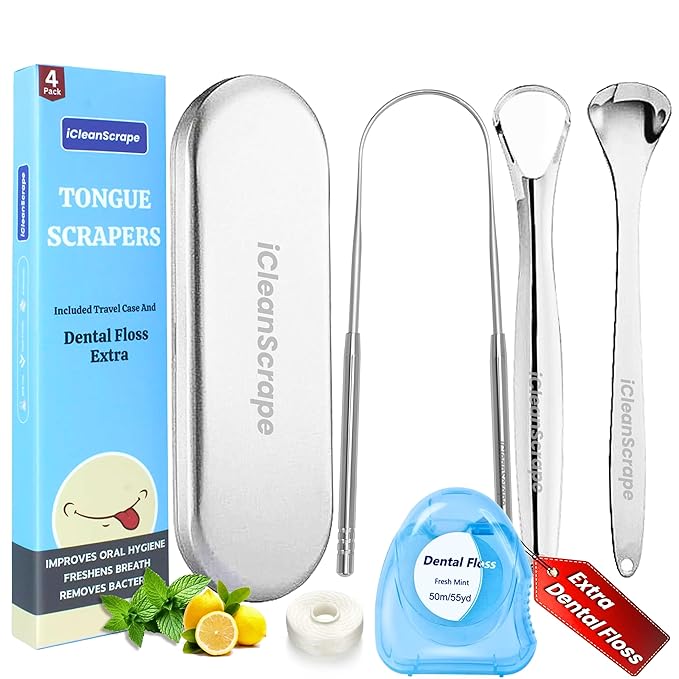 Tongue Scraper for Adults 4 Pack – Premium Stainless Steel Tongue Cleaner Kit with Travel Case & Mint Dental Floss, Reusable Heavy Duty Metal Tongue Scrubber for Fresh Breath & Daily Oral Care