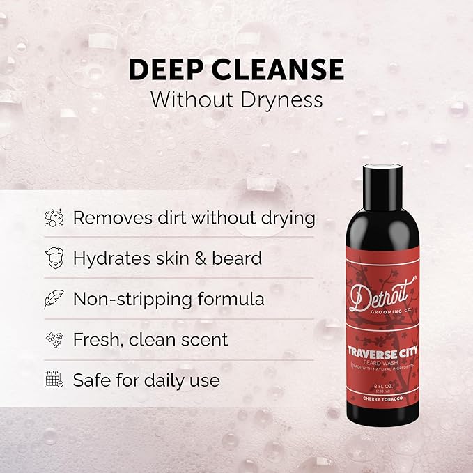 Detroit Grooming Co. Beard Wash - Men's Beard Shampoo - Deeply Cleanses & Refreshes Beards - Aloe Vera with Essential Oils - Beard & Mustache Cleanser - Cherry Tobacco Scent - Traverse City - 8oz