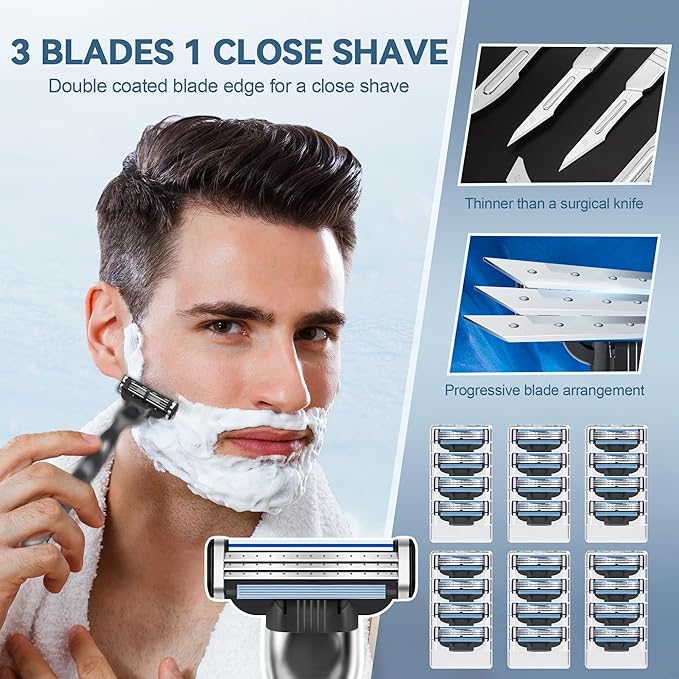 Razor Refills for Men, 24 Count Razor Blade Refills for Mach 3, Precision Shaving Blades with Dual Lubrication, Value Pack