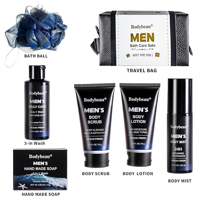 Christmas Gift for Men-Le Vital 7PCS Luxury Men's Bath and Body Skincare Gift Se, All-in-One Grooming Kit with 3-in-1 Wash, 2-in-1 Soap, Scrub, Lotion & Travel Bag (7 Piece Gift Set)