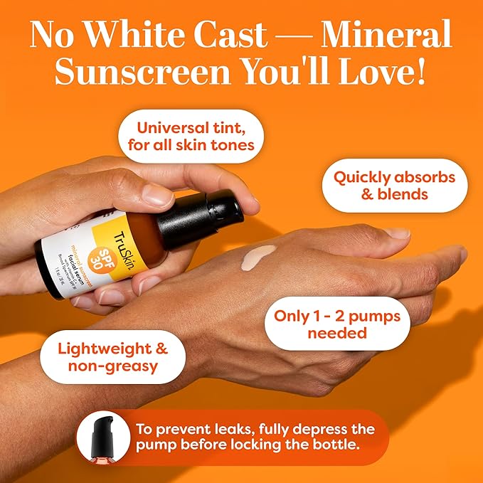 TruSkin Sunscreen Serum for Face – SPF 30 Universal Tinted Mineral Sunscreen Face Serum – Lightweight Transparent Finish – Zinc Oxide, Vitamin C, Hyaluronic Acid, Ceramides, All Skin Types, 1 fl oz