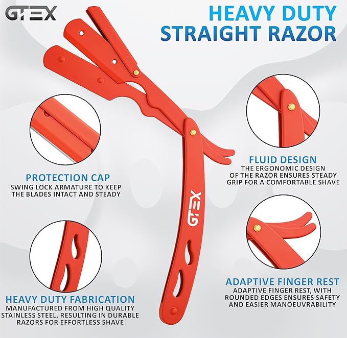2 Straight Razor For Men (Red Black), 100 GTEX Premium Blades (Japanese Steel) - 2Pack Straight Edge Razor 100 Platinum Razor Blade - Navajas Para Barbero - Barber Razor For Men, Beard Razors