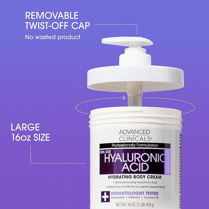 Advanced Clinicals Hyaluronic Acid Moisturizer Body Cream | Hydrating Cream & Body Lotion For Women & Men To Help Improve Look of Wrinkles, Stretch Marks, Dry Skin, & Crepey Skin, 16OZ + Travel Size