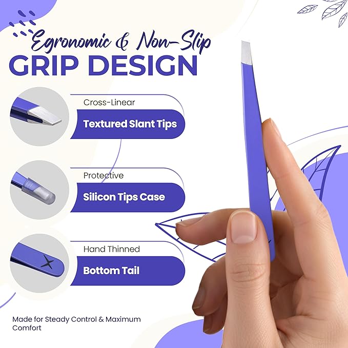 Professional Slant Tip Eyebrow Tweezers for Women & Men – Precision Hair Removal Tool – Stainless Steel Tweezers for Eyebrow Shaping, Facial Hair, Ingrown Hair & Splinter Removal (Luminous Lavender)