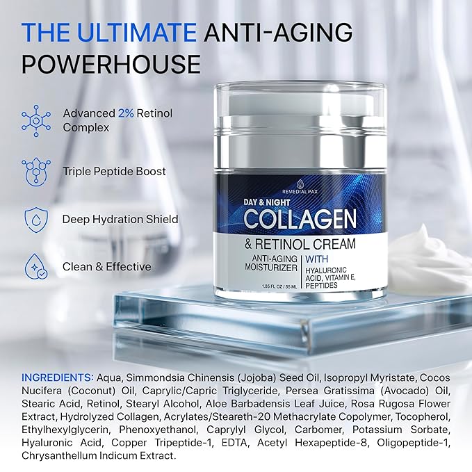 Collagen Face Cream with Retinol & Hyaluronic Acid – Anti Aging Moisturizer for Women & Men, Firming Day & Night Cream for Wrinkles, Hydrating Facial Lotion for All Skin Types