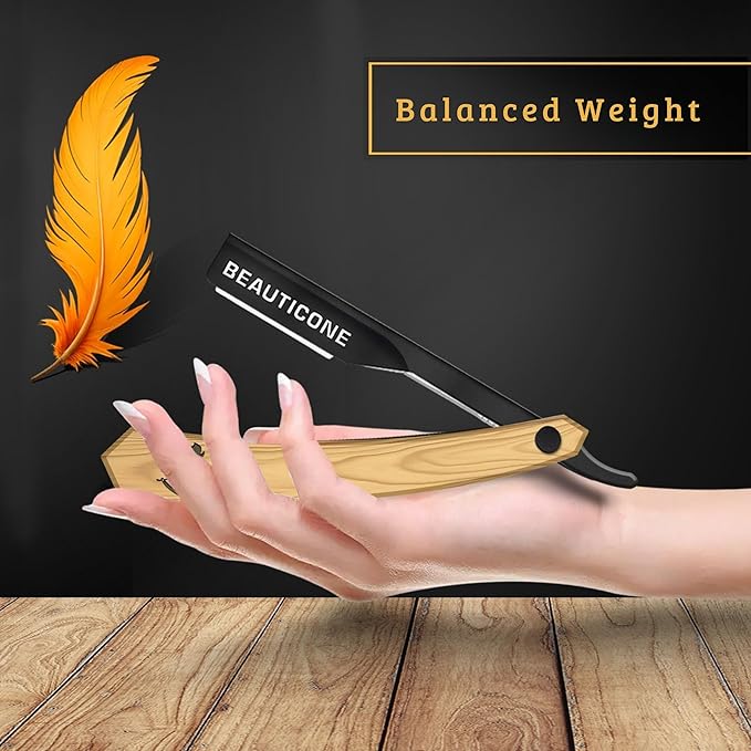 BEAUTICONE Straight Razors for Men, Professional Barber Razors, Premium Straight Edge Razor, Shaving Knife, Shavette, Stainless Steel, Wooden Handle, With PU Leather Case