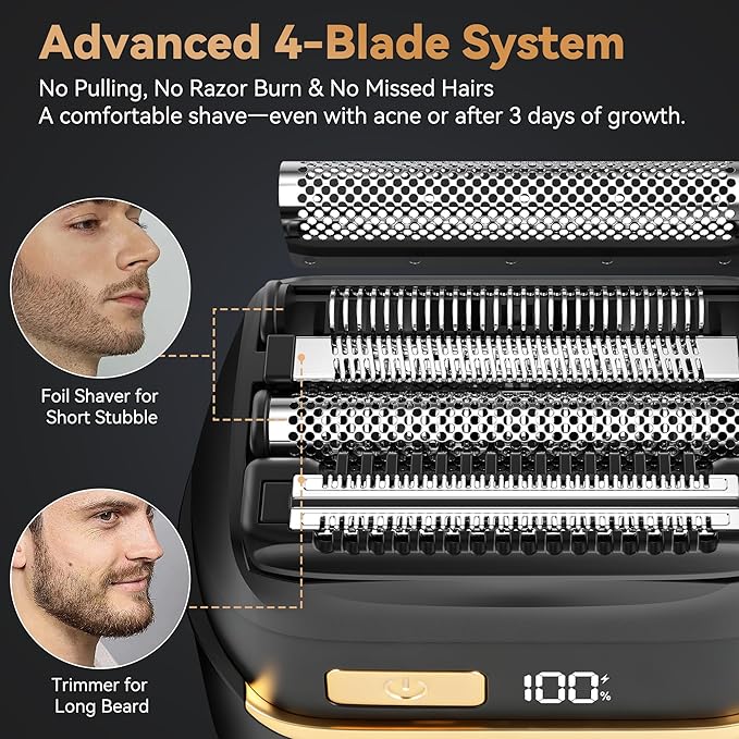 Electric Razor for Men, Advanced Foil Shaver with 4 Floating Blades(2 Foils + 2 Trimmers), Close Shave Without Tugging, Travel Electric Razor for Teenagers, Men & Fathers