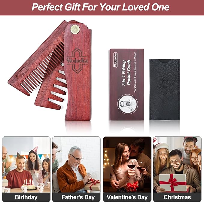 2 In 1 Folding Pocket Comb - Wooden Beard & Hair Styling Tool for Men, Fine Tooth & Wide Tooth Small Comb for Grooming Hair, Beards and Mustache, 180° Rotatable for Outdoor Travel & Home Use