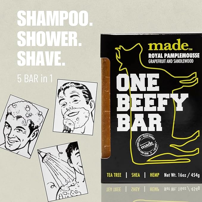 made One Beefy Bar | Royal Pamplemousse | Shampoo, Body Wash & Shaving Soap | Grapefruit & Sandalwood Scent | Breakaway Brick Design | Moisturizing with Coconut Oil, Shea Butter & Aloe Vera | 16 oz