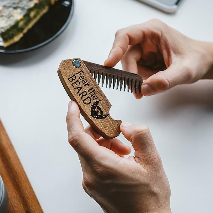 Beard Comb Personalized Gifts Anniversary Gift Wooden Brush Custom Comb Groomsmen Gift Hair Brush Pocket Brush Birthday Gift for Boyfriend (Walnut, Fear The Beard)