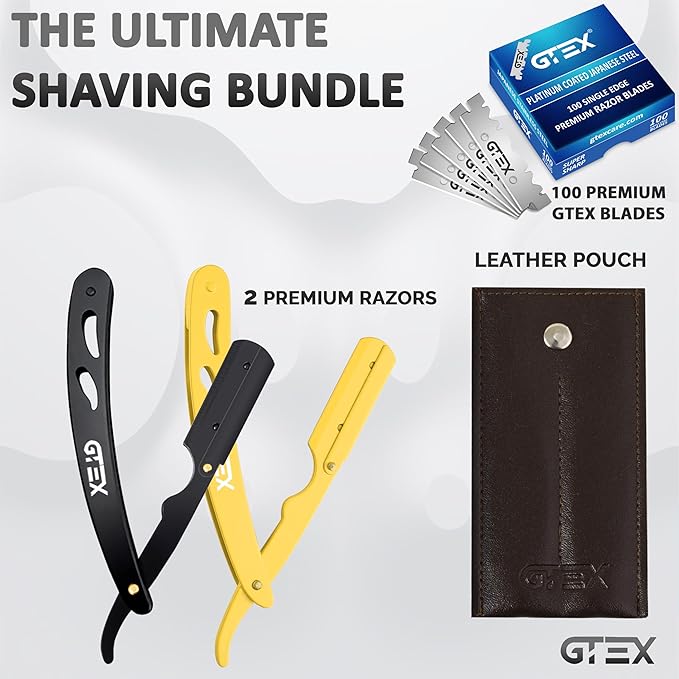 2 Straight Razor For Men (Yellow Black), 100 GTEX Premium Blades (Japanese Steel) - 2Pack Straight Edge With 100 Platinum Blades - Navajas Para Barbero - Barber For Men, Beard